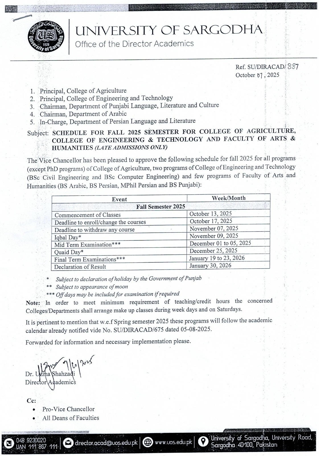 Schedule for Fall 2025 (Agriculture College)